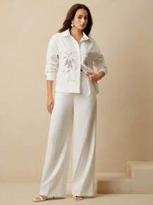 Anewsta Áo sơ mi dài tay rộng rãi họa tiết cây dừa thời trang - trắng - Xem 5