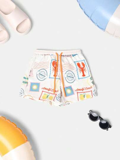 SUMWON Italian Riviera Boys Swim Trunks Amalfi Coast Postcard Print Summer Beach Vacation Pool Party Swimwear