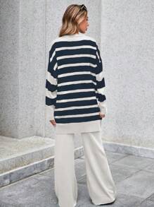 EURMUSE Women's Striped Button-down Cardigan And Solid Knit Wide-leg Pants Two-piece Set - Black and White - View 2