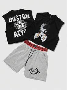 ROMWE MEN Street Life 2pcs/Set Men's Streetwear Graphic Print Tank Top And Shorts Suit - Black - View 1