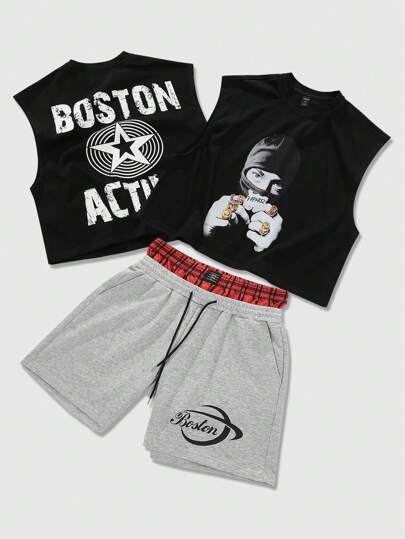 Street Life 2pcs/Set Men's Streetwear Graphic Print Tank Top And Shorts Suit