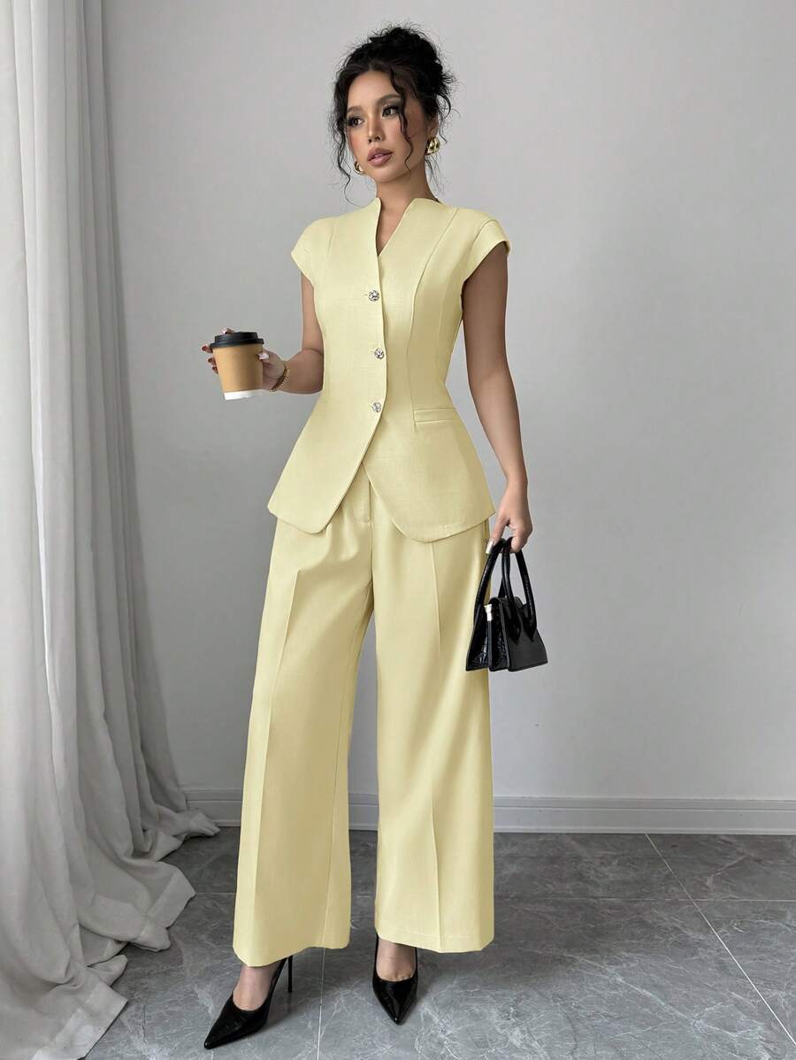 Siren Gaze 2024秋季新款休闲西装背心，不对称金属纽扣装饰，长款马甲外套，阔腿西装裤套装，适合工作和日常穿着 - 黃色 - 查看 1