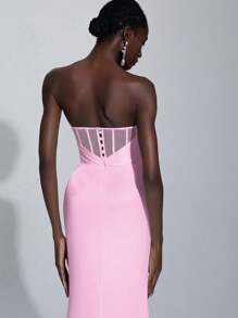 Elitara Women's Elegant Solid Color Satin High Slit Sweep Train Tube Top Wedding Dress - Baby Pink - View 4