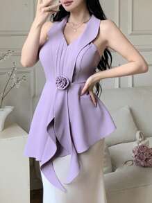 Modelyn Women's Sleeveless Solid Color 3D Floral Decor Elegant Blouse