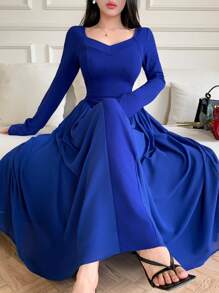 Feyla 优雅纯色 A 字形钻石 V 领长袖女式连衣裙 - 藍色 - 查看 1