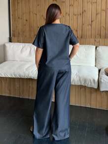 Dazy Plus Conjunto de 2 piezas: Blusa vaquera de manga corta de ajuste holgado con cuello en V + Pantalones holgados, verano