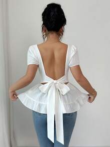 Chiquease Women Square Collar Ruffle Hem Backless Tied Waist Short Sleeve Blouse - White - View 3
