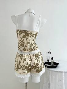 SHEIN Unity 2pcs Women Casual Floral Print Camisole & Shorts Set, Fringe Trim, Tie Decor - Apricot - View 2