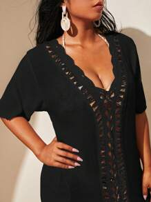 Swim Lushoire Plus Size Women V-Neck Hollow Shell Trim Short Sleeve Cover-Up Cover Up For Summer Beach Vacation - Black - View 5