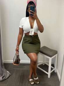 SHEIN LUNE Plus Size Solid Color Mini Skirt, Fashion For Summer - Army Green - View 4