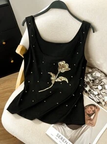 INAWLY 大码串珠刺绣亮片装饰V领背心 - 黑色 - 查看 1