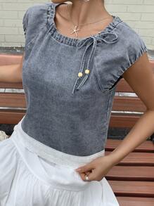 Livesso 女士牛仔系带毛衣短袖圆领衬衫，返校服装 - 藍色 - 查看 6