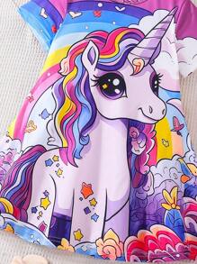 1 pieza Vestido casual cómodo de manga corta con estampado de unicornio lindo para niñas, adecuado para uso diario, fiestas, escuela, festivales y otras ocasiones