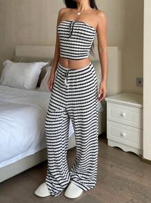 SHEIN Teenager Mädchen BM Stil marineblau & weiß gestreifter Bandeau-Top mit Schleife und weite Hose Set, Lässig, Zuhause, Urlaub - Blau-Weiß - Übersicht 4