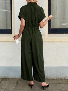 INAWLY Women's Vacation Casual Solid Color Drawstring Waist Jumpsuit - Army Green - View 2