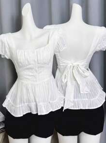 Chiquease Women Square Collar Ruffle Hem Backless Tied Waist Short Sleeve Blouse - White - View 1