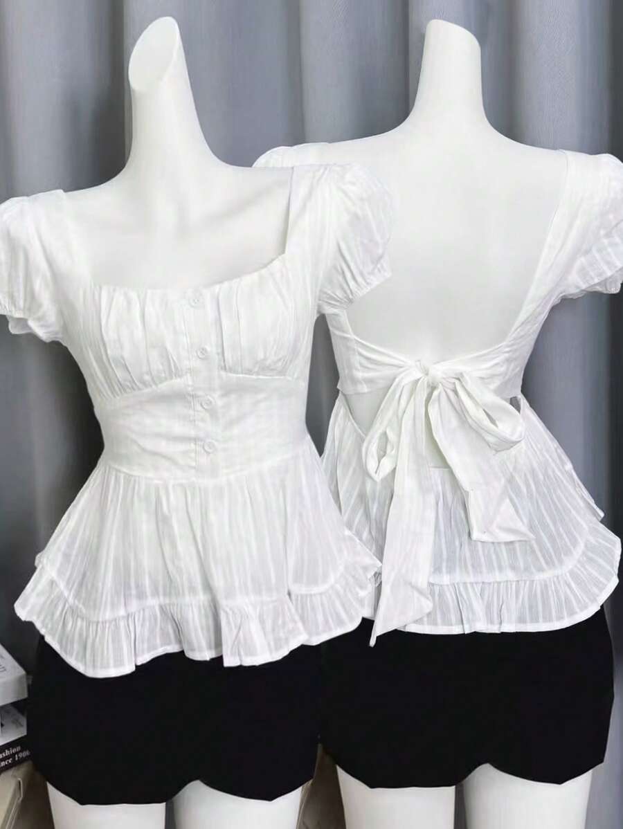 Chiquease Women Square Collar Ruffle Hem Backless Tied Waist Short Sleeve Blouse - White - View 1