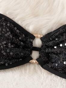 Bonvoyette Bộ đồ bơi nữ mùa hè mới màu trơn sequin bandeau thắt nơ trên đầu đi biển - màu đen - Xem 6