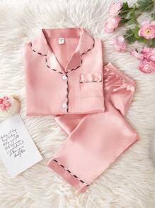 New Style Simple Solid Color Turndown Collar Short Sleeve Cardigan And Pants 2pcs Home Outfit For Tween Girl - Watermelon Pink - View 6
