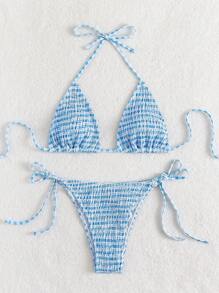 Swim Mod Plaid Print Halter Neck Tied Front Split Bikini Set For Summer Beach Vacation - Blue - View 3