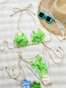 Swim SXY 女士海滩夏季服装特殊面料花卉印花吊带打结短款上衣和性感比基尼下装两件套泳衣 - 彩色 - 查看 5
