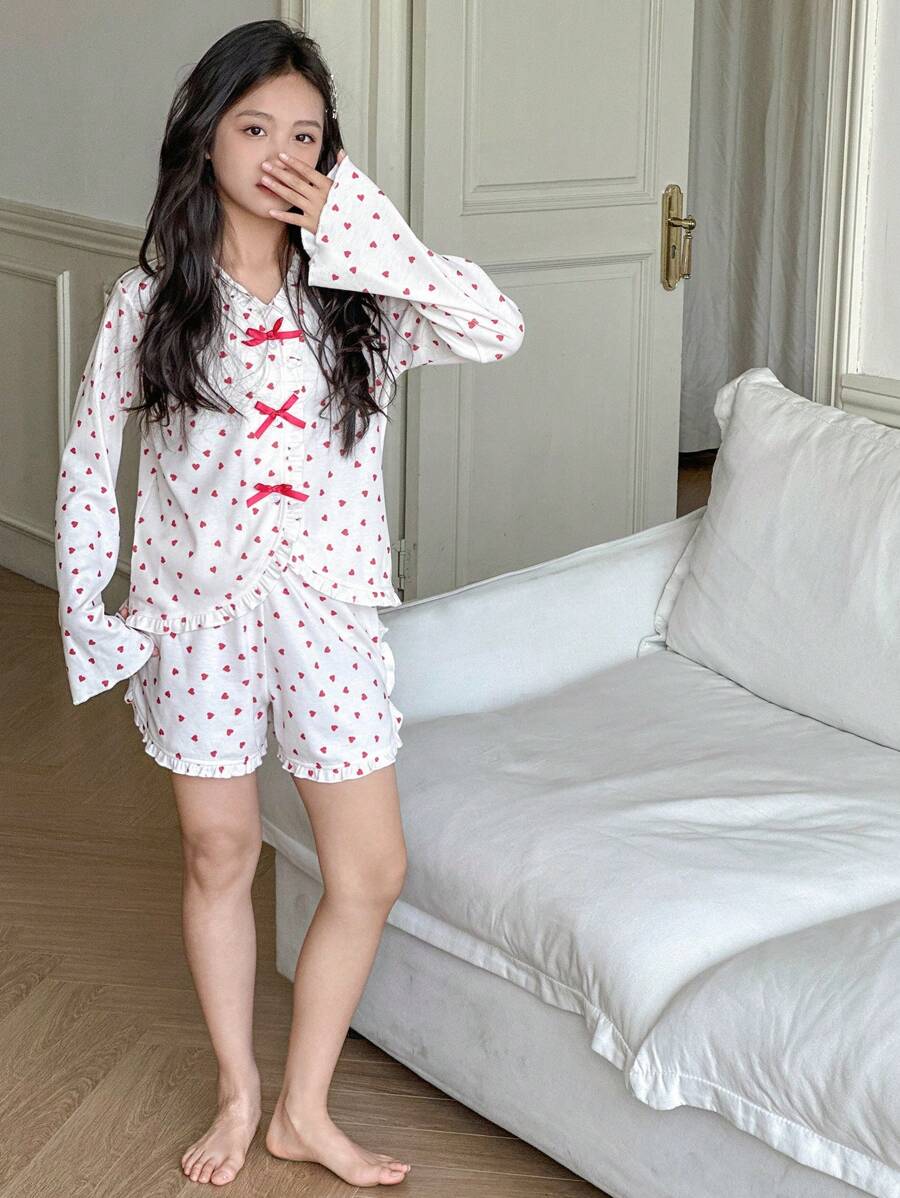 DAZY Conjunto de pijama de 2 piezas con estampado integral, top de manga larga y pantalones cortos para niñas preadolescentes, para el verano - Blanco - Ver 1