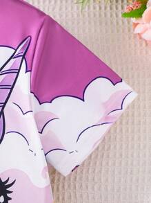 1 pieza Vestido casual cómodo de manga corta con estampado de unicornio lindo para niñas, adecuado para uso diario, fiestas, escuela, festivales y otras ocasiones