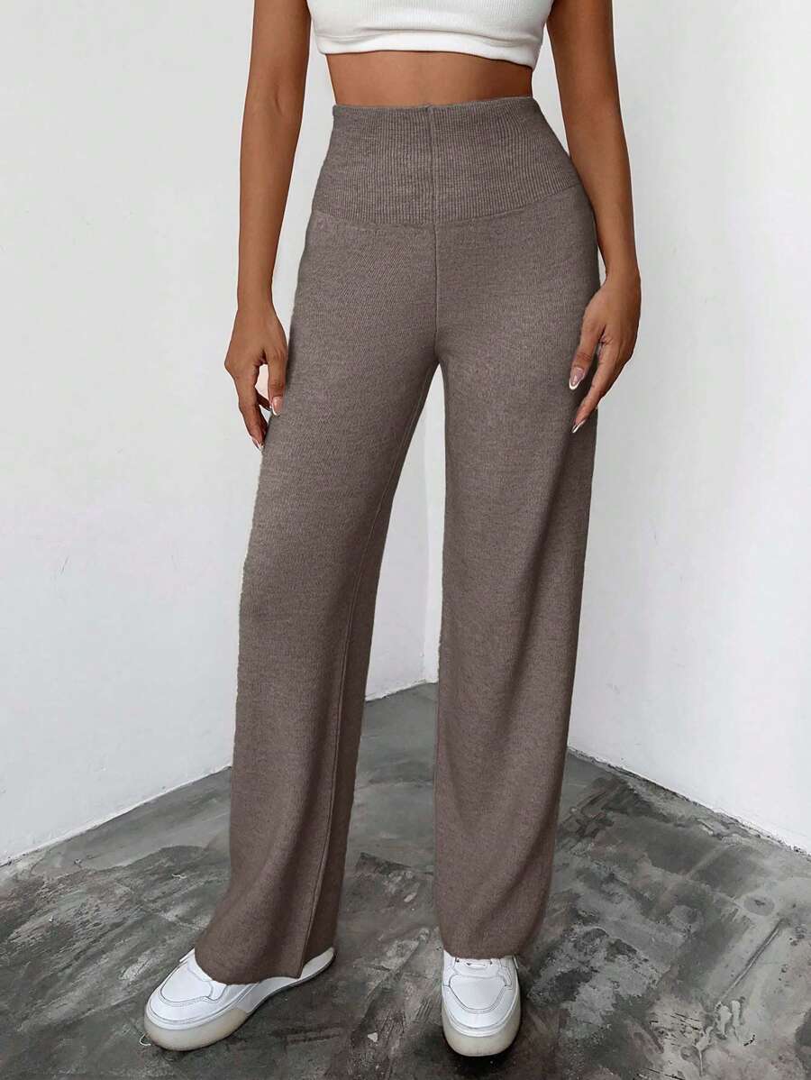 EURMUSE Women's Casual High Waisted Solid Color Simple Sweater Pants Set, Autumn/Winter - Mocha Brown - View 1