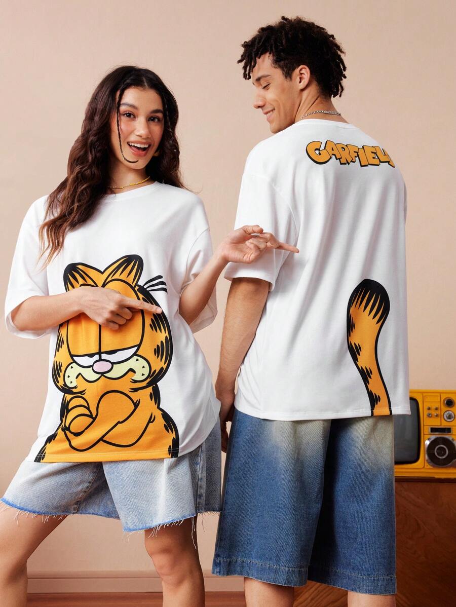 GARFIELD | SHEIN 情侣趣味卡通猫咪印花T恤,适合男朋友约会,白色,夏季 - 白色 - 查看 1