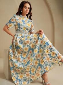 Anewsta فستان مزخرف بنقوش الأزهار مع إضافات دانتيل وتصميم مشدود للخصر، أنيق وقابل للتنوع التصاميم