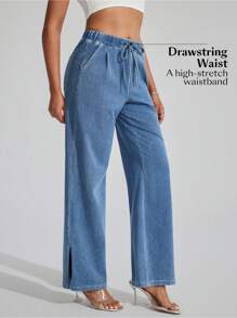 SHEIN Essnce FlexDen 女式宽松弹力针织腰直筒牛仔裤，苹果裤，适合日常穿着