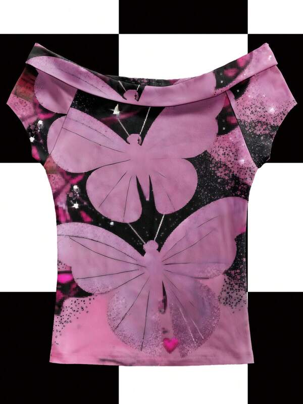 Y2Kool BiGraphic Multicolored Fantasy Butterfly, Baddie, Print, Y2K Off Shoulder Fitted T-Shirt For Women, Suitable For Summer, EDC, Music Festivals Club Going-Out Back To School 2000s Style