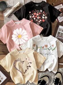 4pcs Casual Minimalist Floral Round Neck Short Sleeve Basic T-Shirts, Suitable For Spring/Summer, Daisy Girl, Pastel Floral Nature Sets, Garden Lover Gift, Young Girl, School, Campus, College