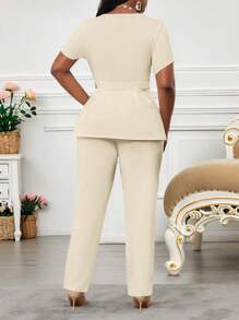 SHEIN Lady Apricot Small V-Neck Short-Sleeved Waist Button-Down Asymmetrical Hem Top With Suit Pants, Plus-Size Two Pieces Suit, Plus-Size Elegant Business Office Suit, Wedding Guest Dress, Women's Summer Wear, Women's Beach Wear, Guest Dress, Women's Birthday Wear, Women's Elegant Two Pieces Suit, Elegant Two Pieces Suit, Women's Summer Wear, Vacation Wear, Women's Beach Wear, Women's Birthday Wear In Fall/Winter - Apricot - View 3