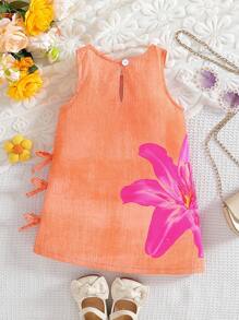 SHEIN Baby Girls' Sweet & Cute Tie-Dye Style Orange Dress, With Floral Pattern And 3D Bow Decor On Side, Distinctive Basic Daily Dress For Toddlers - Orange - View 3