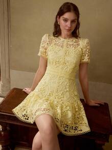 MOTF PREMIUM VESTIDO TRANSPARENTE DE ENCAJE GUIPUR - Amarillo - Ver 5