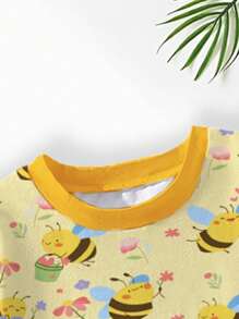 Camiseta de manga corta y cuello redondo de estilo minimalista informal con estampado de abeja y flor para bebé niña, adecuada para el verano