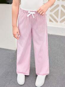 SHEIN 青少年女孩休闲度假家居宽松刺绣蕾丝边梭织条纹阔腿裤，粉色 - 粉色 - 查看 7