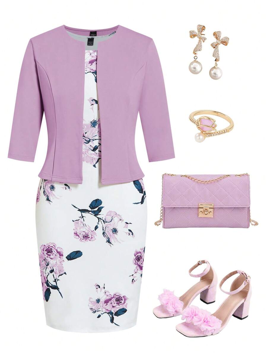 Gownix Set de 2 piezas compuesto por un vestido ajustado con estampado floral elegante y un cárdigan de punto de manga media rosa, adecuado para citas, ir al trabajo y uso diario - Morado - Ver 1