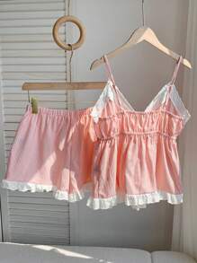 Comfortcana Bộ 2 chiếc áo yếm và quần short thêu viền bèo nhún thường ngày cho kỳ nghỉ hè của phụ nữ - Màu Cam cháy - Xem 2