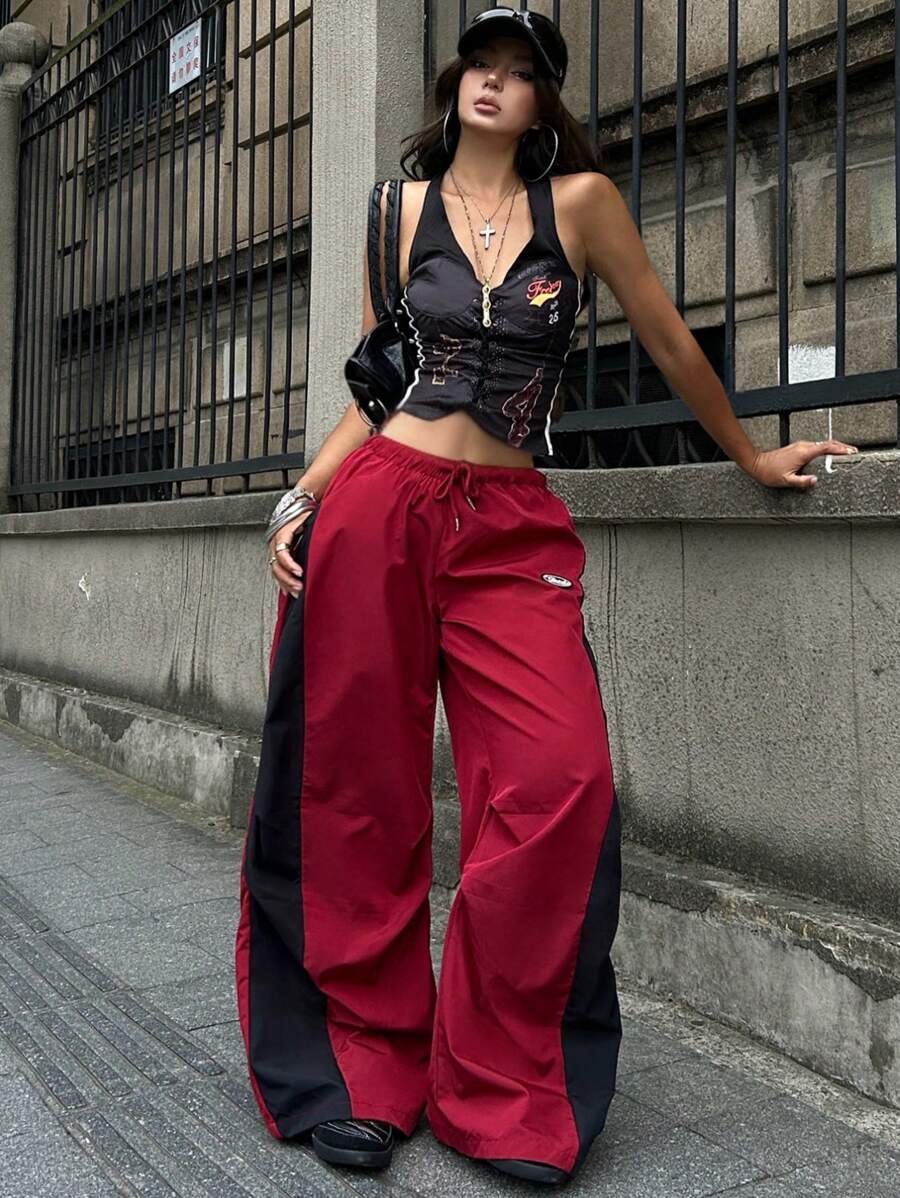 Coolane Women's Spring And Summer Concert Streetwear Going Out Color-Blocked Parachute Pants - Red - View 1