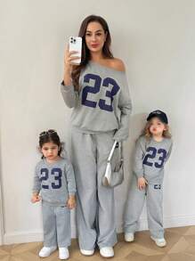 SHEIN Mommy And Me Matching Outfits(2 Sets  Are Sold Separately)Baby Girl Mommy&Me Number Printed Asymmetric Collar Long Sleeve Top & Pants Casual 2-Piece Set,Skin-Friendly And Soft Fabric To Protect Baby's Skin, Can Be Worn Indoors Or Outdoors, First Choice For Mothers Fall Winter - Grey - View 7