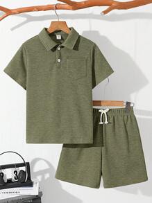SHEIN Leap Crew Bộ 2 áo thun polo tay ngắn cổ bẻ và quần short thoải mái, rộng rãi cho bé trai tuổi mới lớn, thích hợp mặc khi đi làm, đi học, đi chơi thường ngày, thể thao, mùa xuân/hè - xanh quân đội - Xem 1
