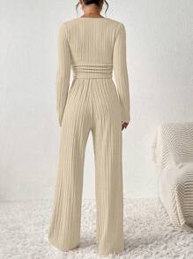 SHEIN Frenchy 2pcs/Set Women Solid Color Square Neck Long Sleeve Ribbed T-Shirt And Pants Casual Suit, Autumn Winter Spring - Apricot - View 2