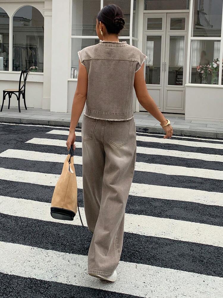 2pcs Set: Vintage Distressed Denim Sleeveless Vest And Loose Wide Leg Jeans,Back To School Clothes