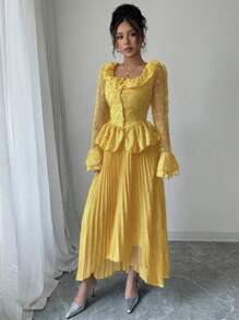 Modelyn 女士修身方领喇叭袖两件套 - 黃色 - 查看 3