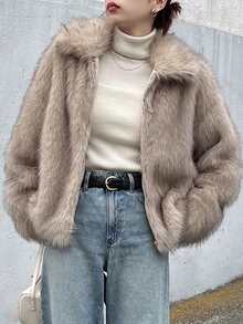 FRIFUL 女士人造毛皮长袖拉链夹克，温暖冬季外套人造毛皮大衣皮草夹克 Y2k 夹克女士冬季外套 - 卡其色 - 查看 2