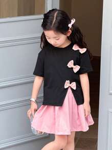 SHEIN 2pcs/Set Girl Summer Versatile Creative Bowknot Decor Round Neck T-Shirt + Pleated Skirt Outfit - Black - View 6