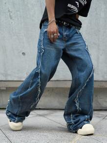 Manfinity EMRG Men's Pocketed Frayed Hem Relaxed Fit Bootcut Jeans - Medium Wash - View 7