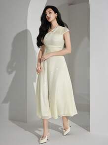 Heiryn Abito elegante midi da donna con colletto asimmetrico, in tessuto a rete bicolore